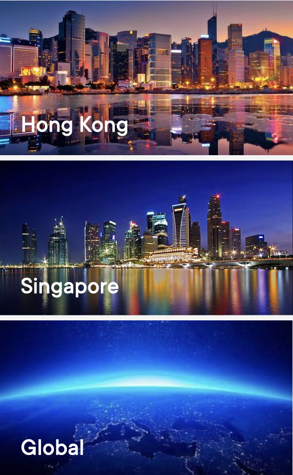 Composite image featuring cityscapes of Hong Kong, Singapore, and a view of Earth from space, illustrating global cities and worldwide connectivity.