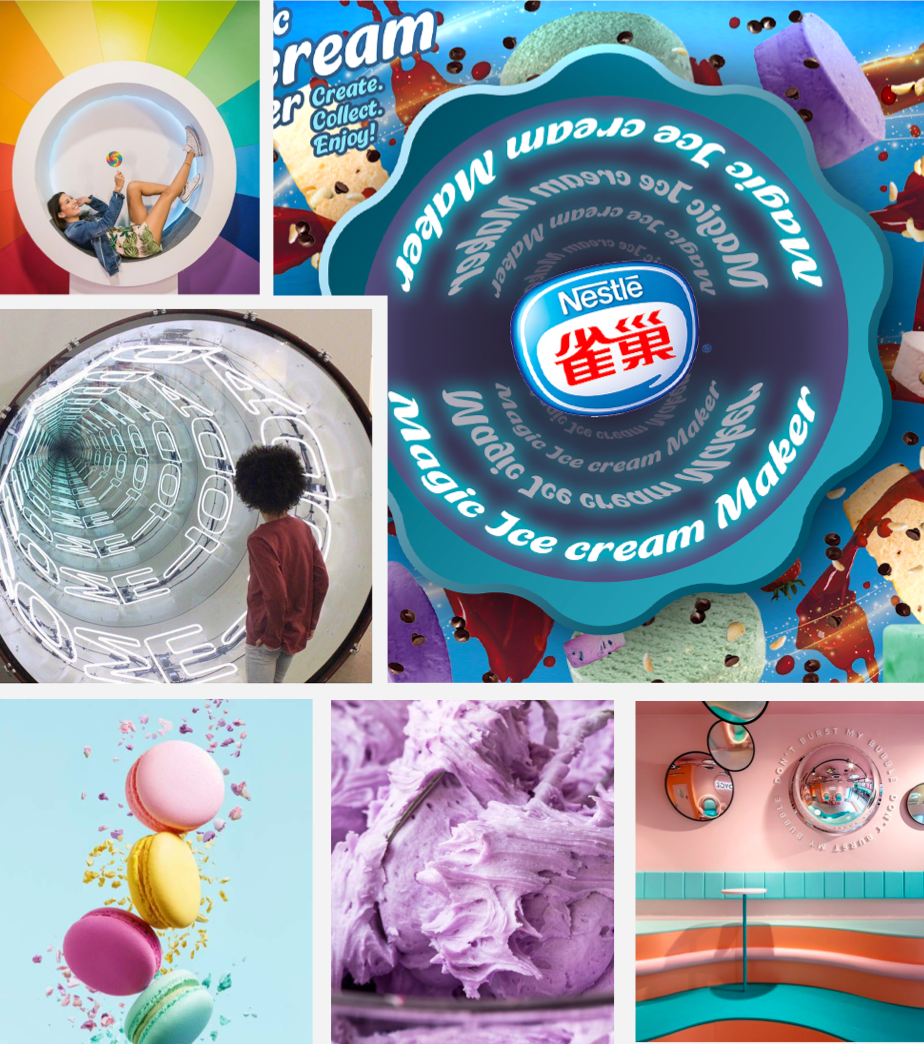 Collage of six images related to ice cream and an arcade: a person lying inside a rainbow-colored tube slide holding a lollipop, a person standing at the bottom of a neon-lit spiral escalator, a close-up of a Nestlé ice cream package with colorful ice creams in the background, three macarons stacked with colorful powder, a cup of purple ice cream with a spoon, and an interior of an ice cream shop with pink walls, mirrors, and booths.