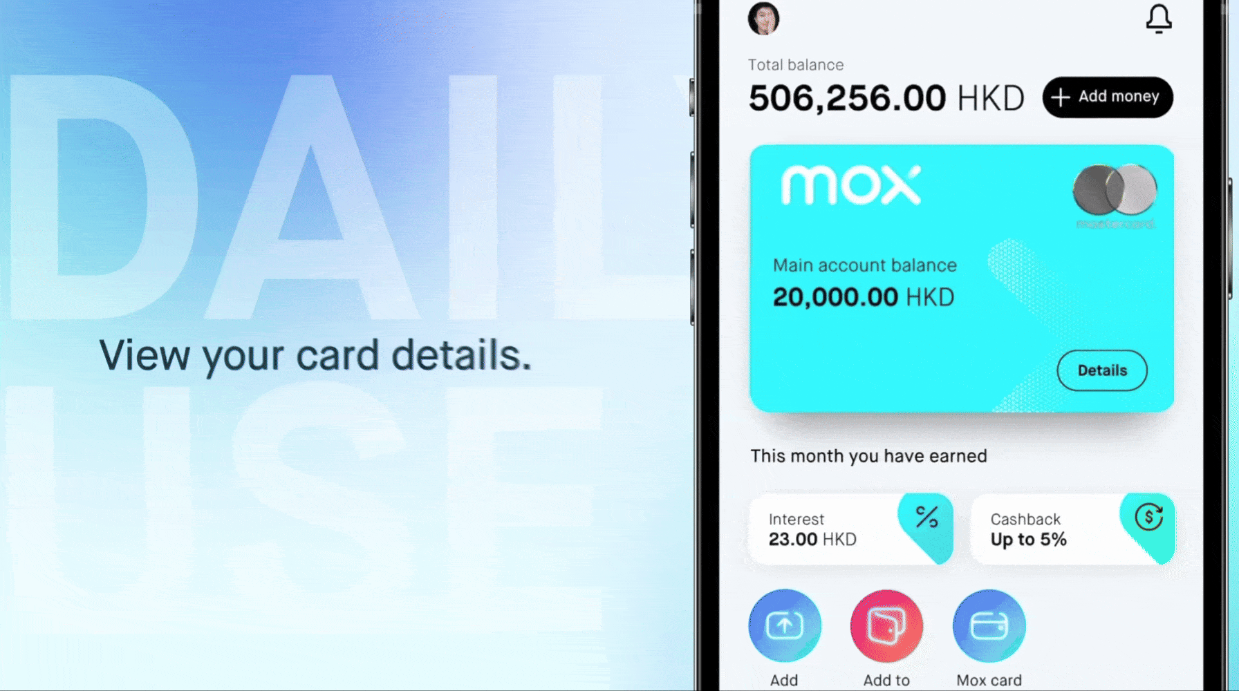 A smartphone screen displaying a digital wallet app with a blue Mox card showing a main account balance of 20,000 HKD, a total balance of 506,256 HKD, and options to add money, view details, and various financial metrics