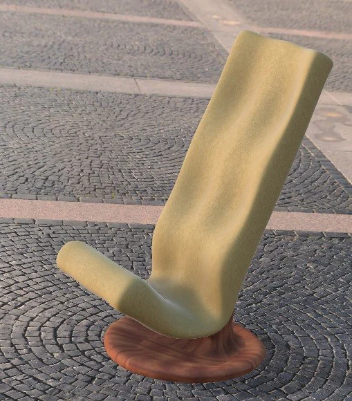 Une sculpture moderne représentant une chaise déformée, fabriquée en matériau lisse de couleur beige ou olive, installée dans une place pavée.