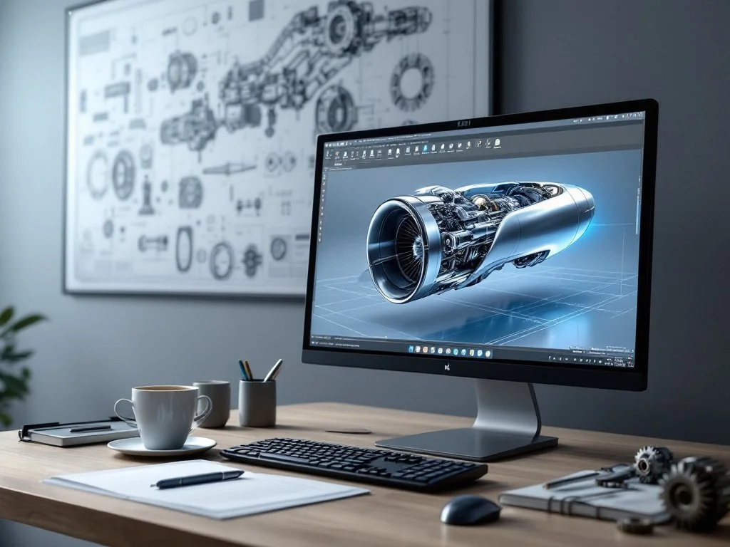Un bureau avec un ordinateur affichant une modélisation 3D d'un moteur d'avion ou d'avion ultra-détaillé sur l'écran. En arrière-plan, un tableau avec des esquisses techniques ou des plans de pièces mécaniques.
