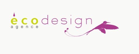 Logo de l'agence EcoDesign avec un texte vert et violet et une illustration d'une feuille stylisée.