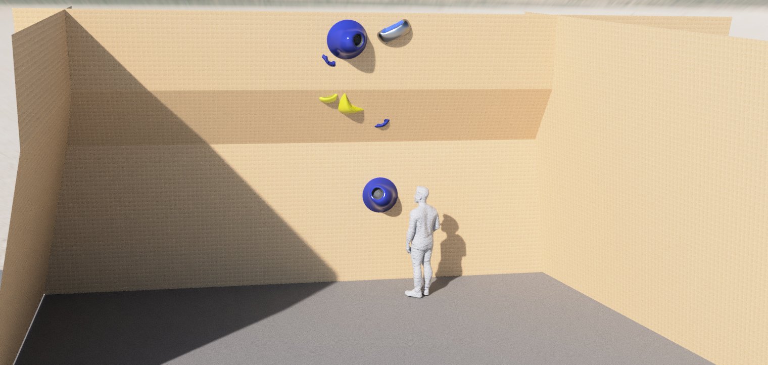 Un mur d'escalade avec des prises et une silhouette humaine devant.