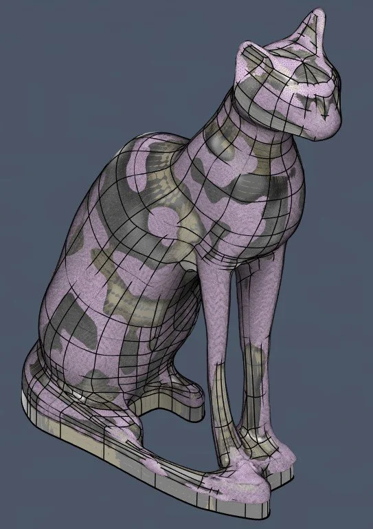 Statue de chat assis, avec une surface reconstruite en modélisation 3d et un maillage 3D visible.