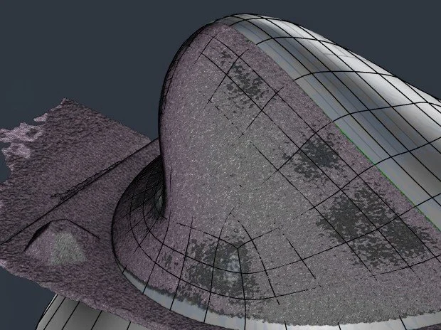 Une image informatique représentant une structure de forme courbe avec un motif de grille, semblable à une modélisation 3D ou une scanographie.