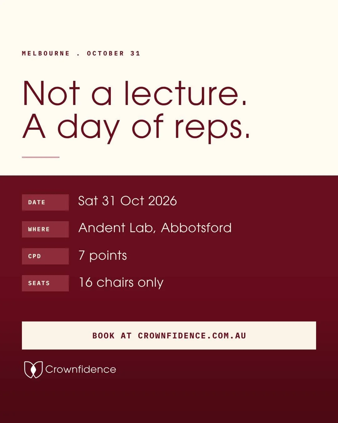 We asked what felt difficult. Nobody wrote "crowns."
They wrote: Interproximal reduction. Undercuts. Talking about cost.

Crownfidence Melbourne, 31 October. Registrations open - link in bio.