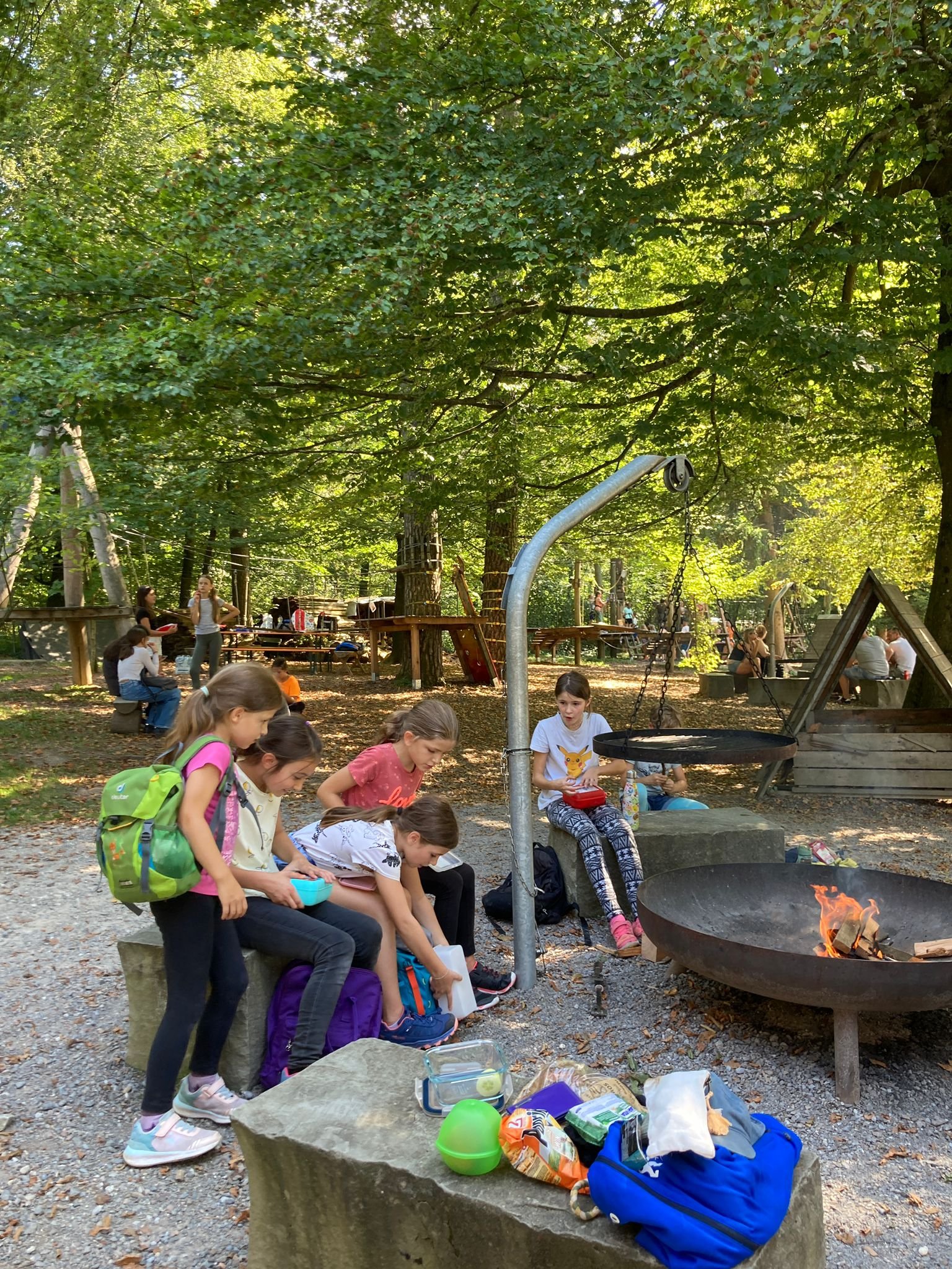 Gruppen von Kinder sitzen und stehen um ein Lagerfeuer in einem Wald, mit einem Spielplatz im Hintergrund.