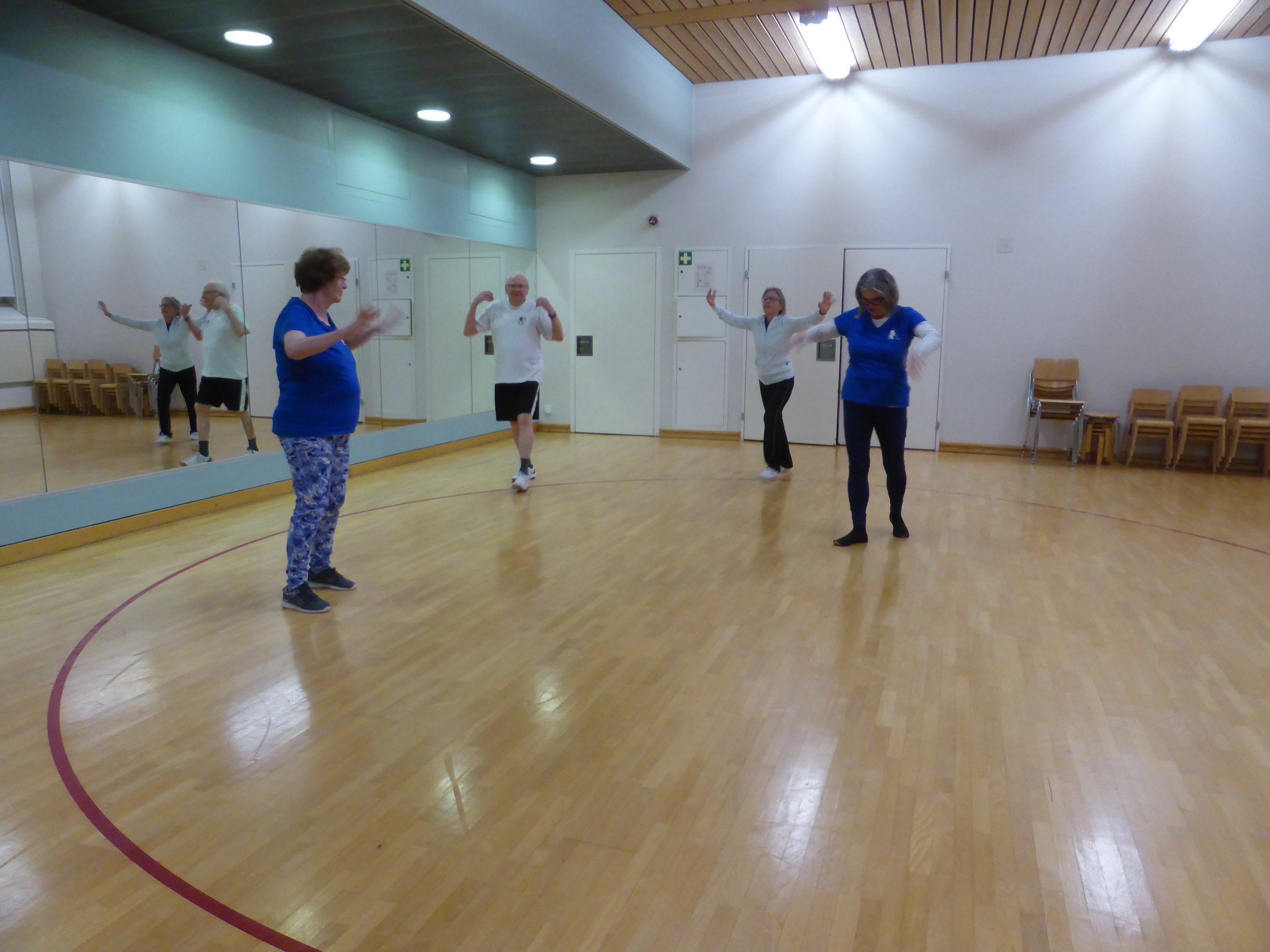 Fünf Menschen, die in einem Tanz- oder Bewegungskurs im Fitnessraum trainieren, vor einem Spiegel, etwa jüngere und ältere Frauen, in sportlicher Kleidung.