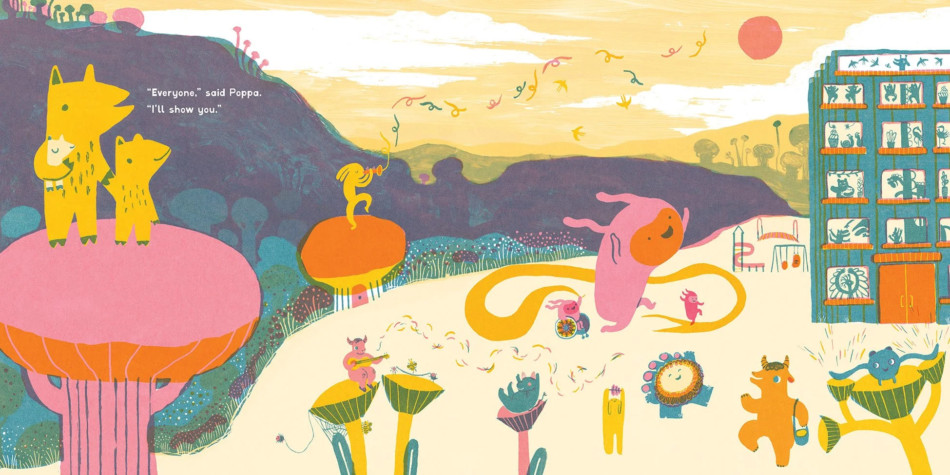 Colorful illustration from the book Big Dance of animal characters in a playful scene with 2 yellow foxes in the center, one of the foxes saying "Everyone," said Poppa. "I'll show you." The background features trees, hills, and a sunset sky. Various 