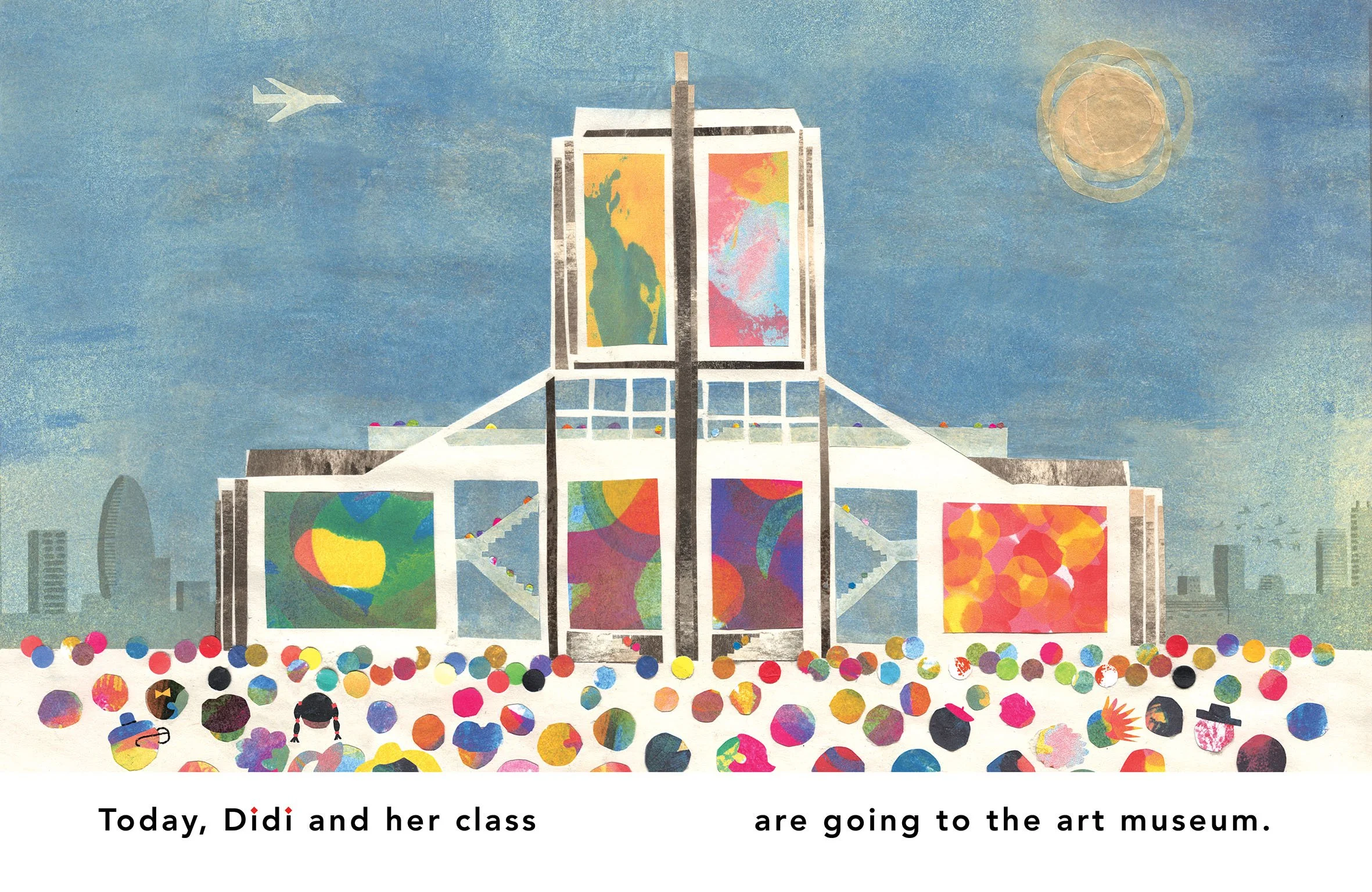 Paper collage illustration from the project Didi Draws Her Feelings, of children and the main character Didi on a field trip to an art museum, visiting a modern building with colourful abstract art displays and a crowd of students outside. Text is in