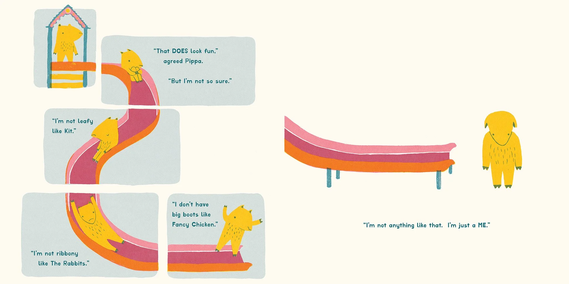 Colourful illustration in 5 panels on the right and one large spread on the left side of the page. A pink slide winds through the 5 panels and a yellow fox Pippa slides down the slide in different poses in the 5 panels. In the first panel she stands 
