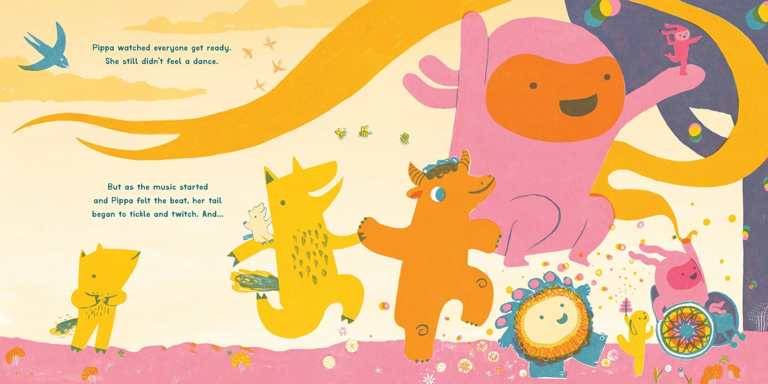 Colorful illustration from the book Big Dance, of a group of cartoon animals dancing and celebrating together, including a pink rabbit in a colourful wheelchair, yellow foxes, an orange cow, and a multicoloured chicken, set against a bright backgroun