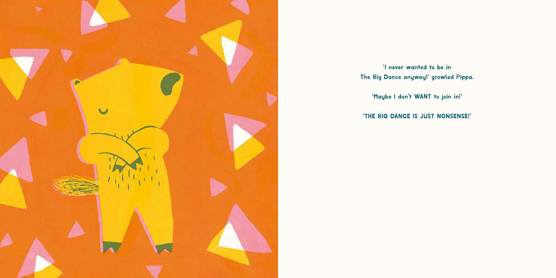 Colourful illustration of a small yellow fox Pippa, with her arms crossed and with a grumpy exprassion on her face, with eyes closed on a red background. There are colourful triangular marks in yellow, white and pink coming from pippa, representing h