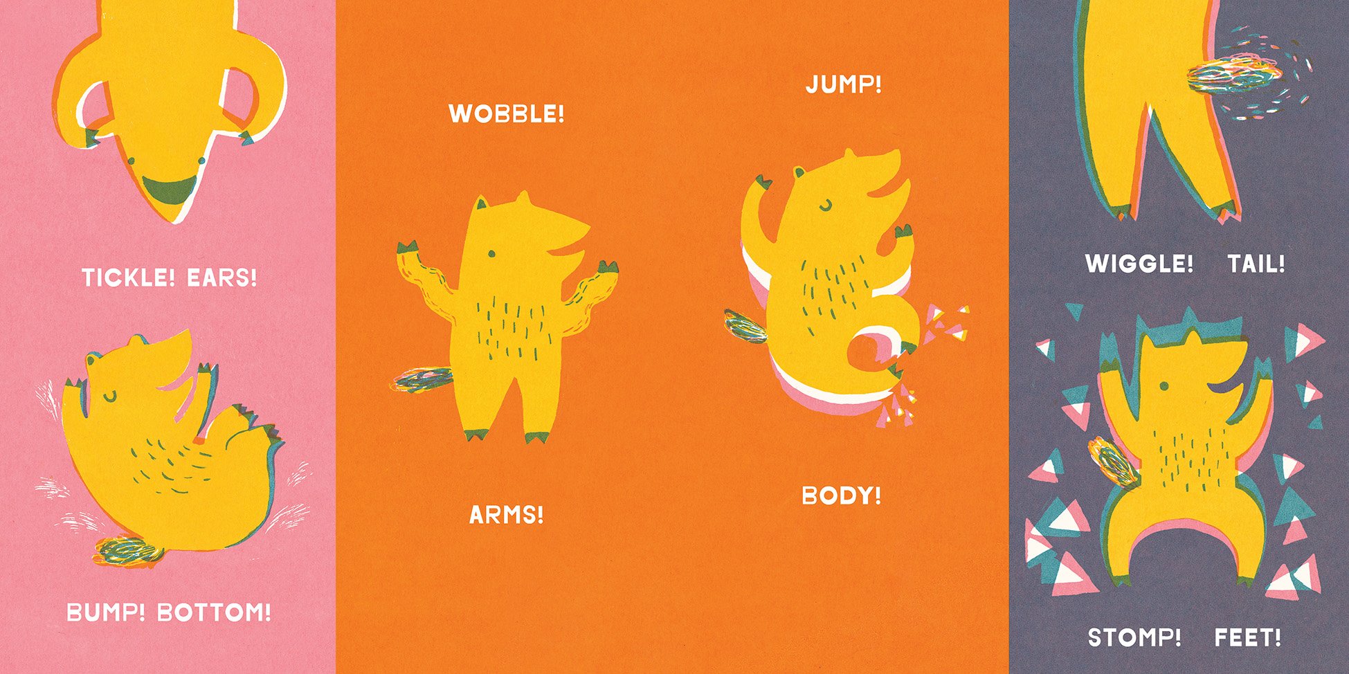 Colourful illustration in 3 blocks of colour with a yellow fox character Pippa dancing in different poses. Block 1 is a pink background. Pippa wiggles her ears with her hands and bumps onto her bottom with her arms up. Text says TICKLE EARS! BUMP BOT