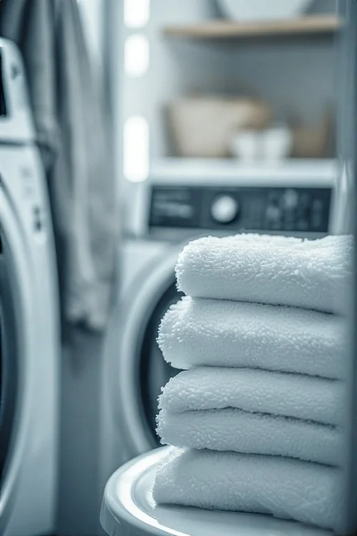 Stack of white towels in laundry room with washing machines in background.