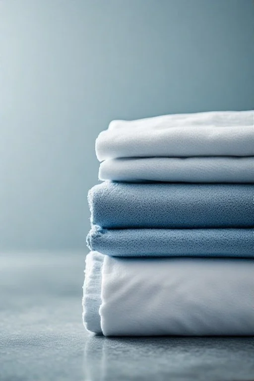 A neatly folded stack of white and light blue towels or linens on a textured surface with a plain, light-colored background.