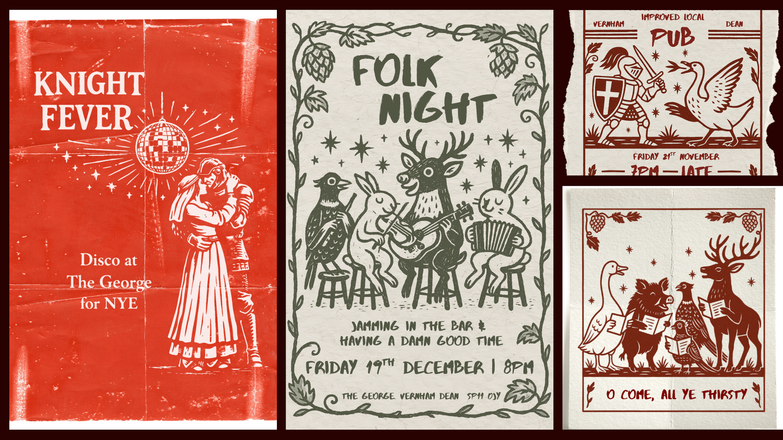 Four event posters: 1) A red poster promoting a 'Knight Fever' disco at The George for New Year's Eve featuring a dancing knight and a disco ball; 2) A green poster advertising a folk night with animals playing musical instruments, set to happen on F