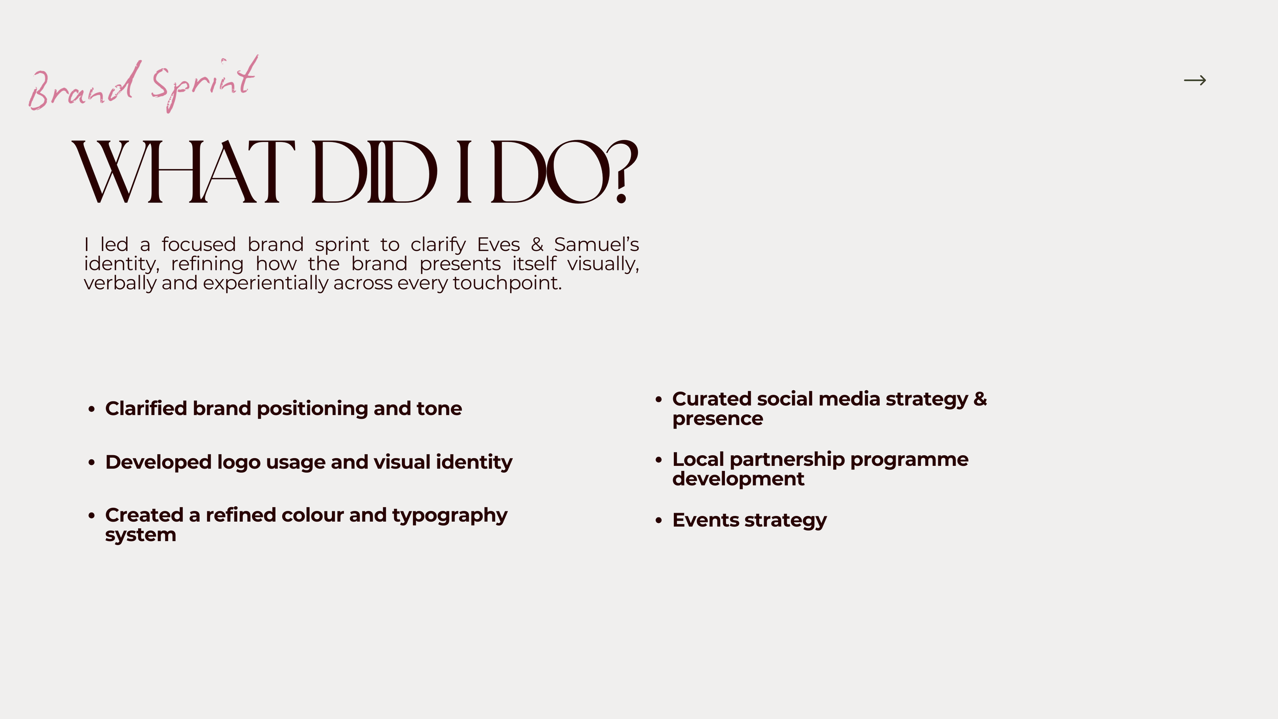 Slide titled 'What Did I Do?' with bullet points detailing brand strategy activities, including brand positioning, logo development, color and typography system, social media strategy, partnerships, and events.