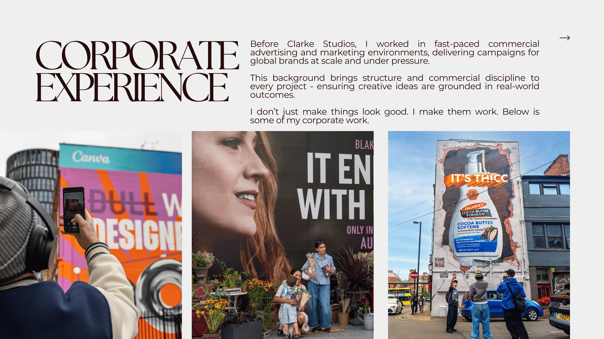 Three urban murals and a large billboard on a city street, depicting advertisement and marketing themes, with people observing and photographing the murals.