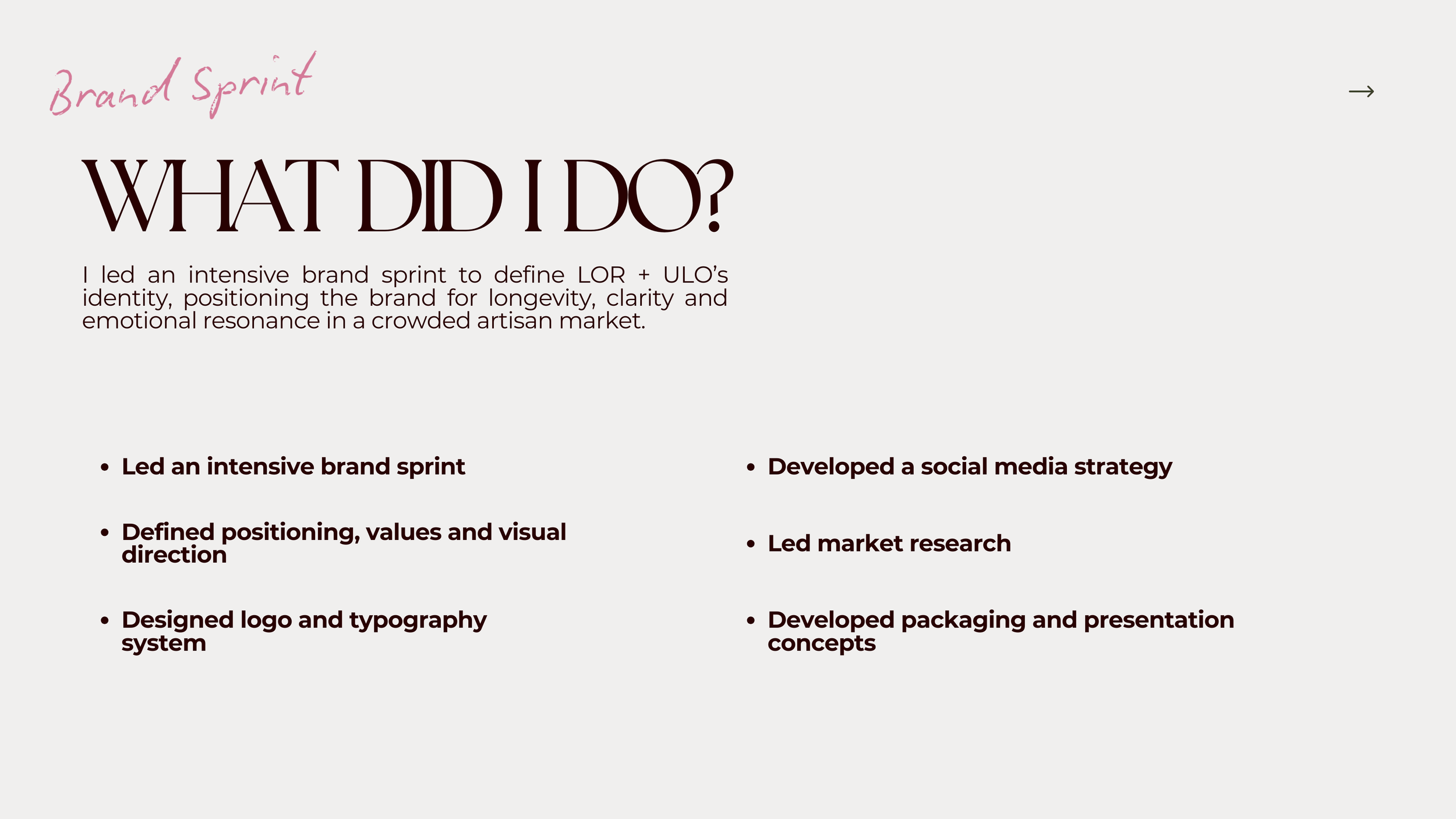 A presentation slide with the title 'What did I do?' and the subtitle 'Brand Sprint' written in pink. The slide lists six bullet points describing marketing activities, including leading a brand sprint, defining positioning, designing a logo, develop
