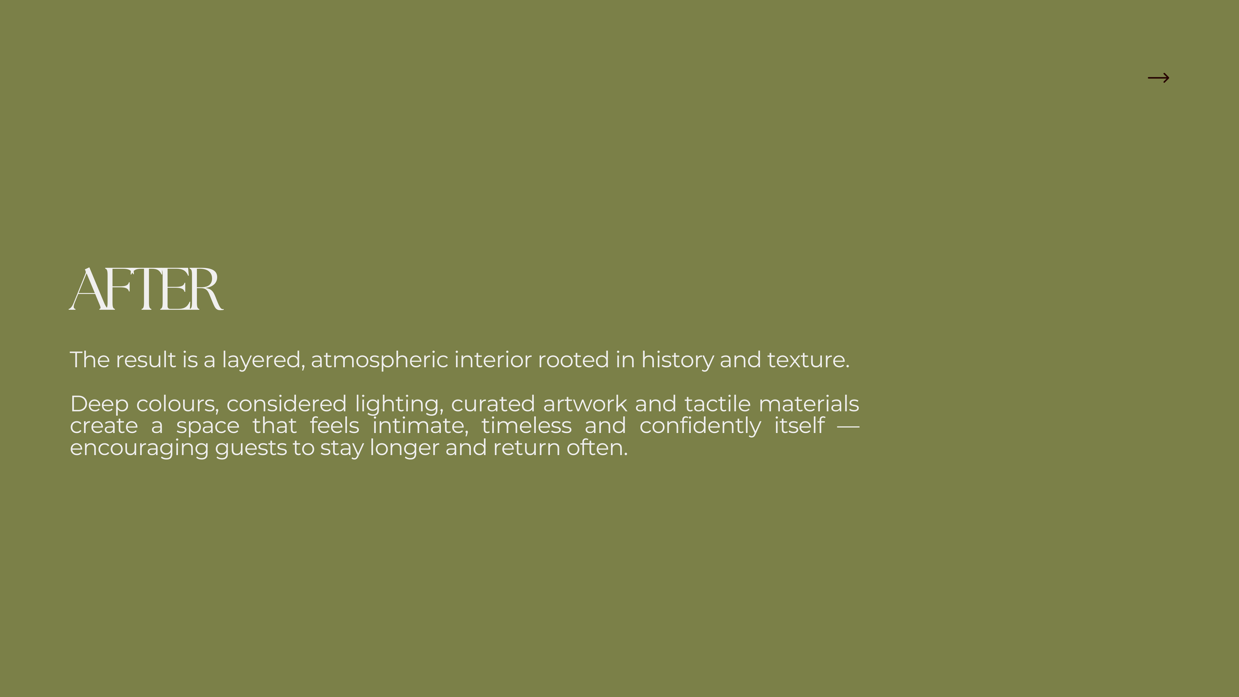 Text on a green background describing interior design, emphasizing layered textures, deep colors, lighting, artwork, and tactile materials.