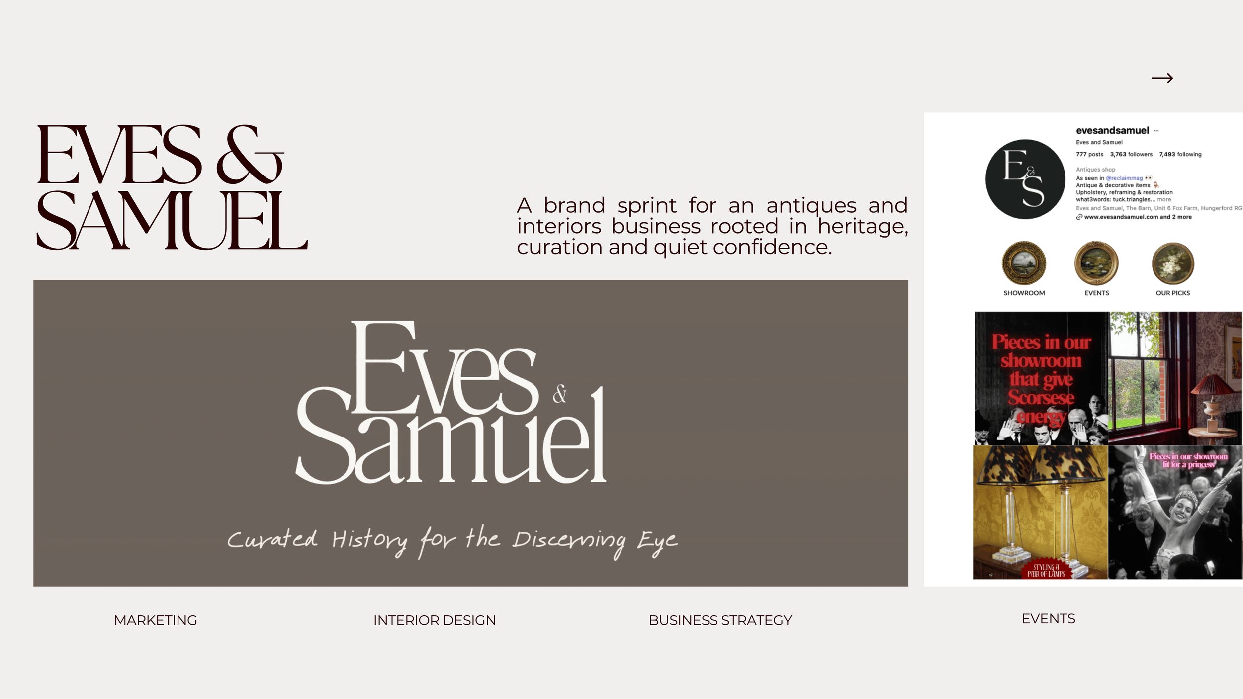 Screenshot of a website homepage for Eves & Samuel, an antiques and interiors business, featuring a logo, navigation links, and promotional images.