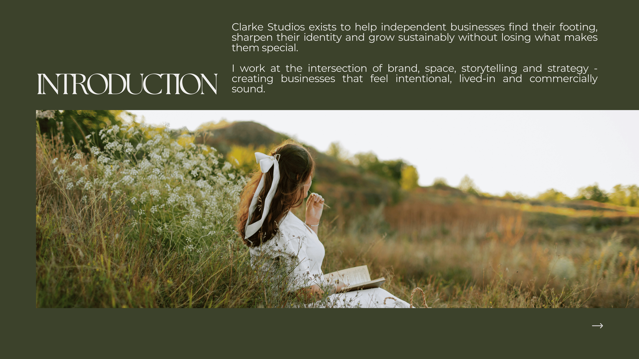 A woman in a white dress with a large white bow in her hair sitting in a field of wildflowers and reading a book during sunset.