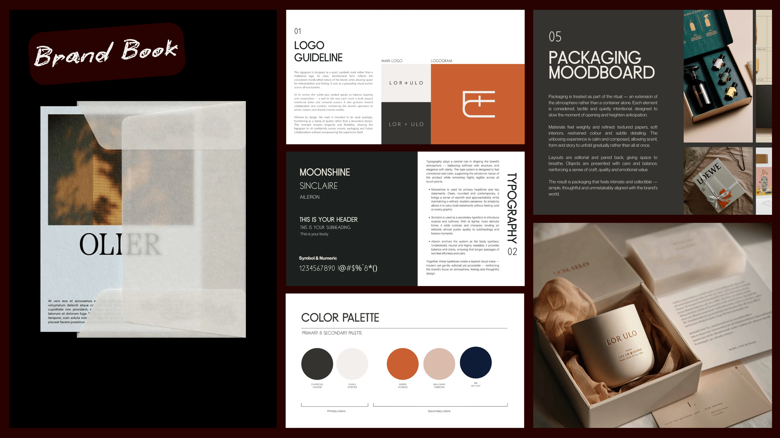 Collage of branding and packaging design materials, including a brand book with a mockup of a wrapped product, a logo guideline page, a marketing mood board, typography and color palette samples, and photographs of finished product packaging.