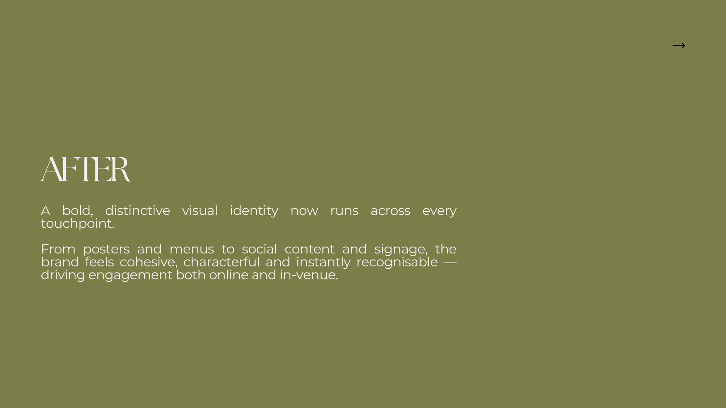 Green slide with white text reading 'AFTER' and describing a visual identity upgrade for a brand.
