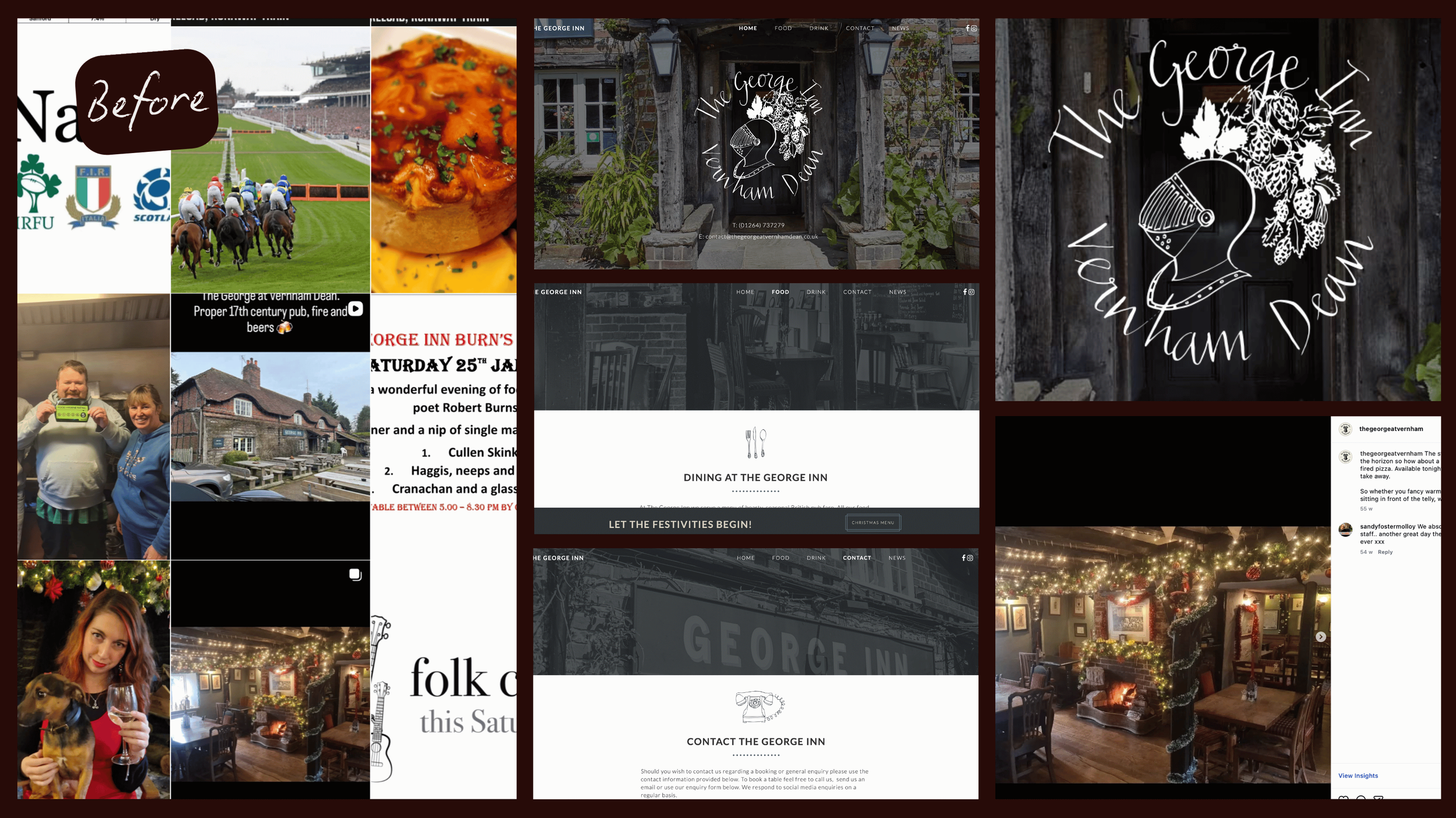 Collage of images including horse race at a racetrack, pizza, a pub entrance, two people smiling and holding a beverage, a decorated Christmas tree, interiors of a cozy pub with Christmas decorations, and social media posts for The George Inn in Vaux