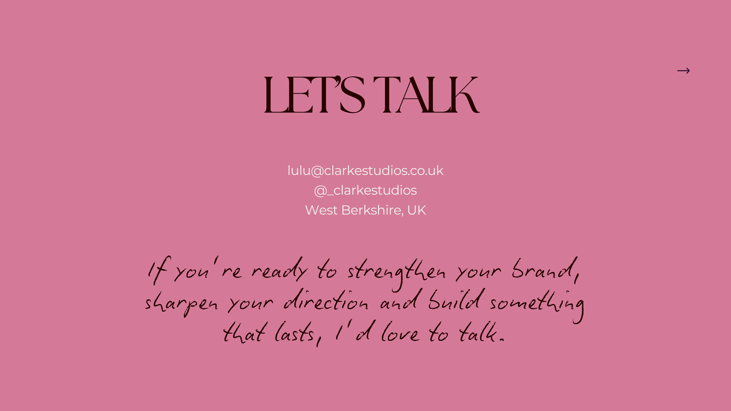 Pink background with text promoting brand strength and building relationships, including contact information and a quote about strengthening brands and building lasting connections.