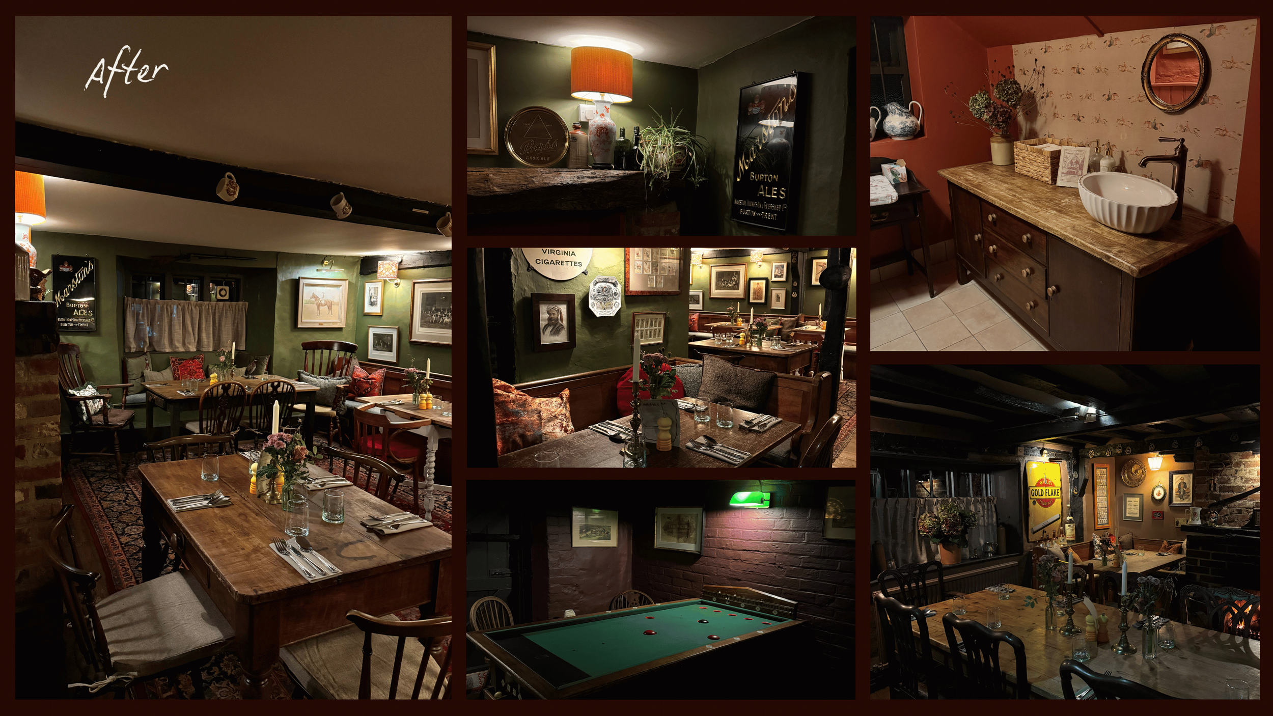 Collage of various cozy restaurant interior scenes with wooden furniture, artwork on walls, plants, and a pool table.