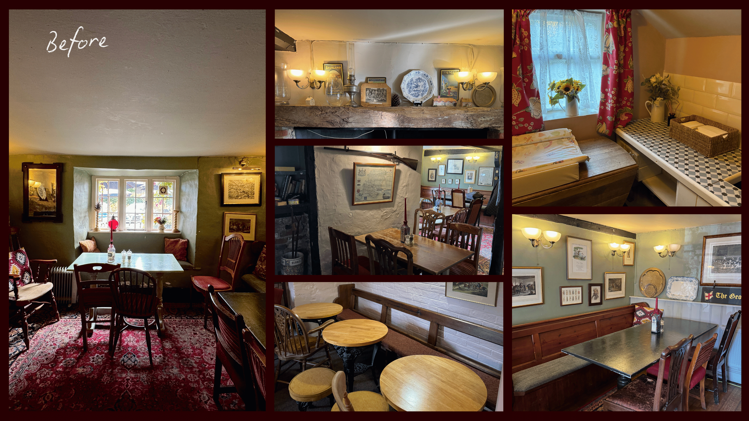 Collage of cozy, vintage-style rooms in a house, including a dining area, a window seat with floral curtains, a corner with framed artwork and lamps, a small dining table with chairs, and a breakfast nook with table and bench seating.