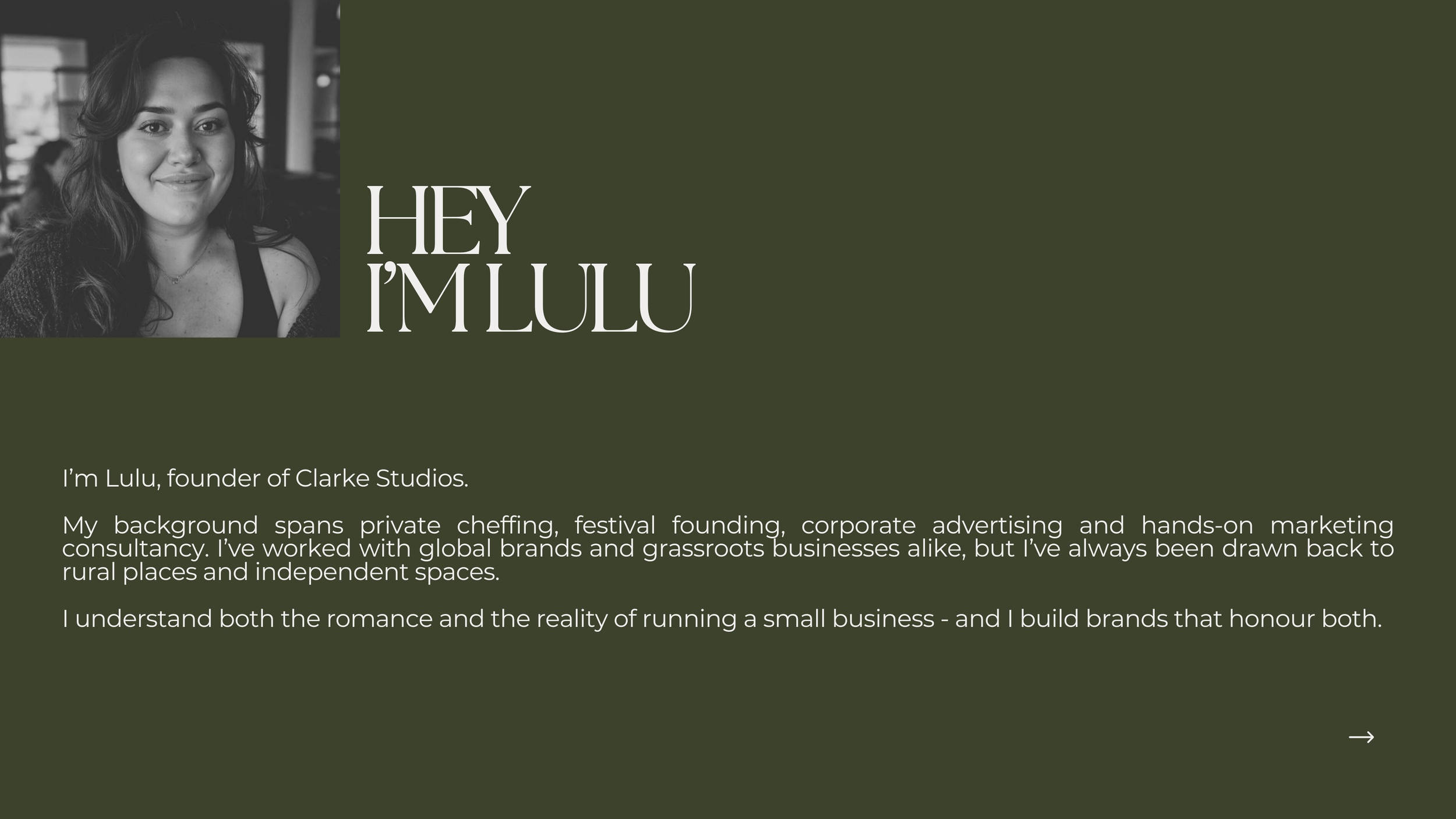 A profile page of Lulu, founder of Clarke Studios, featuring a black-and-white photo of Lulu and descriptive text about her background and business.