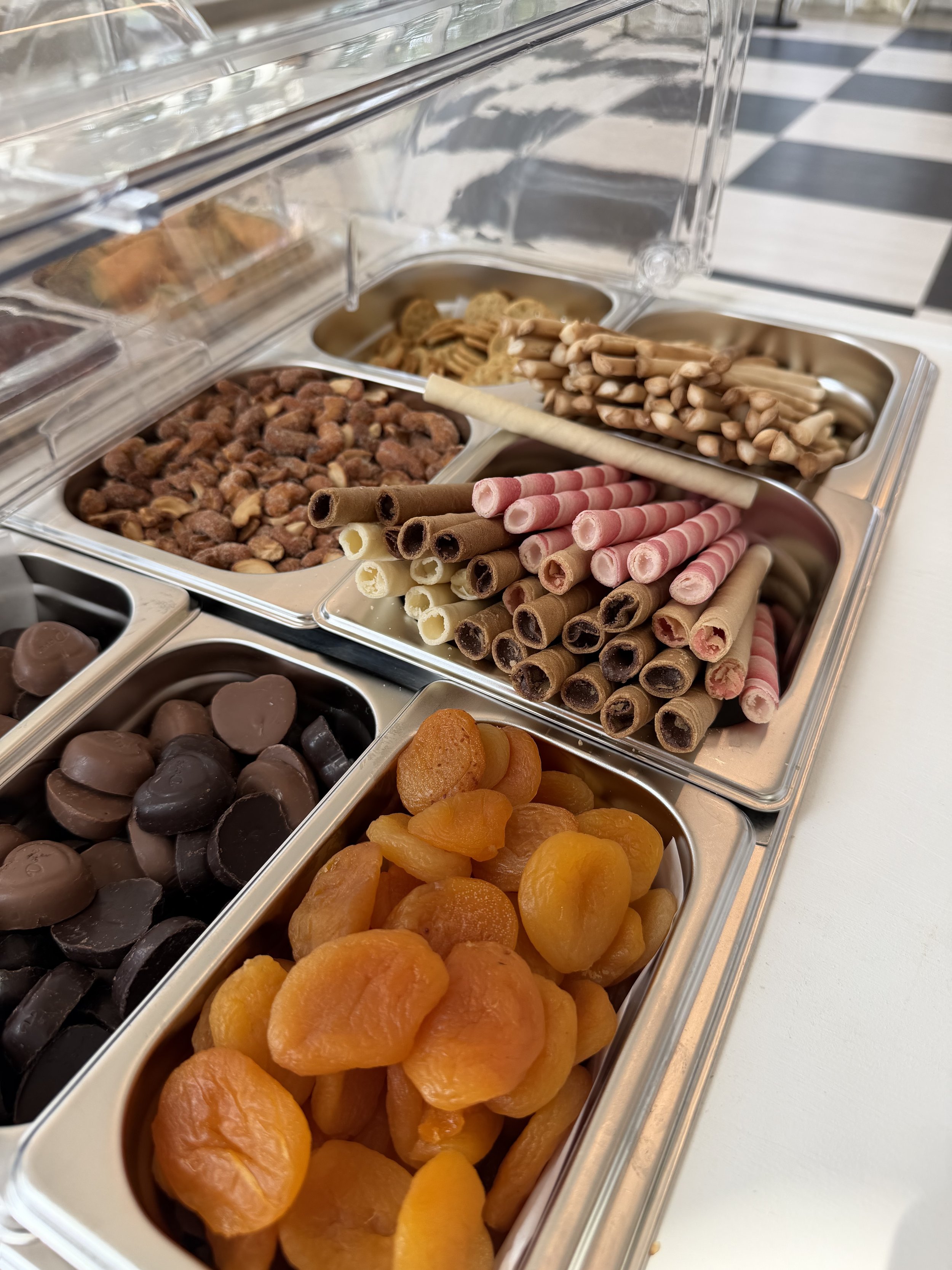Various types of dried fruits and chocolates in metal containers at an ice cream or frozen yogurt shop.
