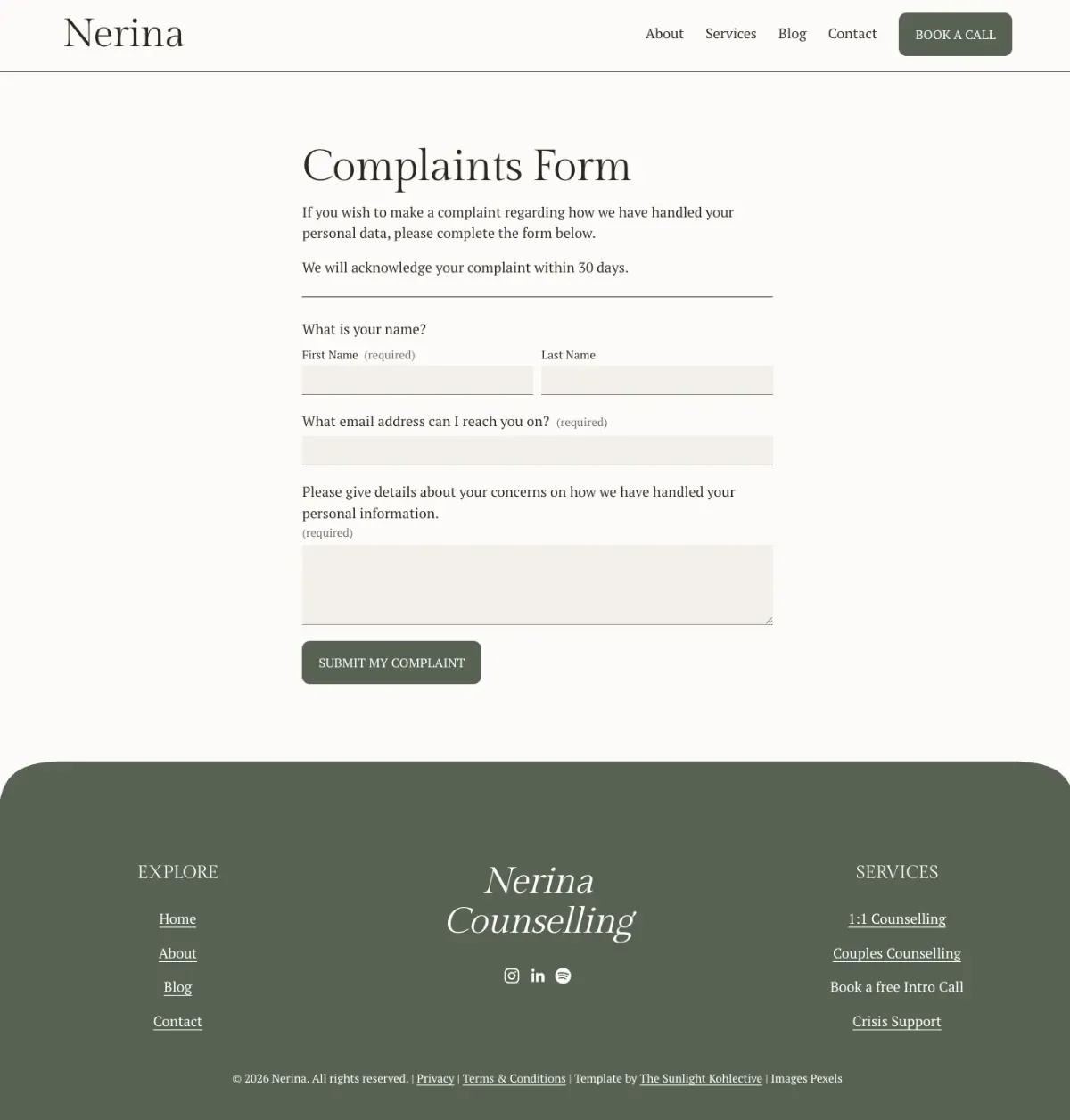 A screenshot of the Nerina Squarespace template Complaints Form