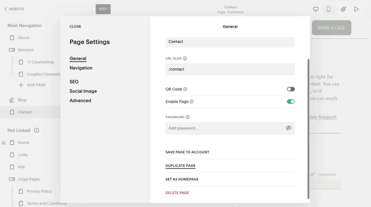 Screenshot of Squarespace contact page settings tab