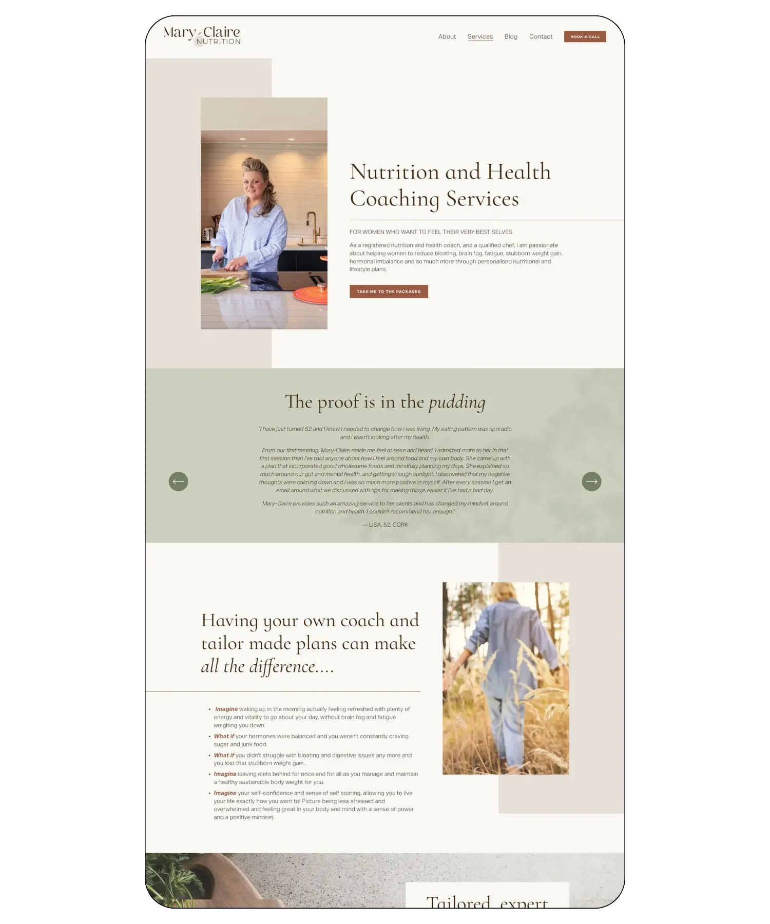 Customised service page and brand styling for Mary-Claire Nutrition