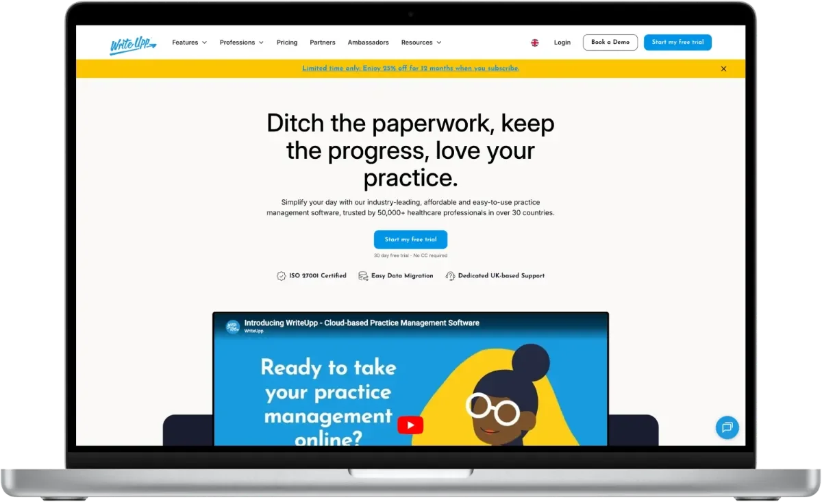 Laptop mock up of the WriteUpp website home screen