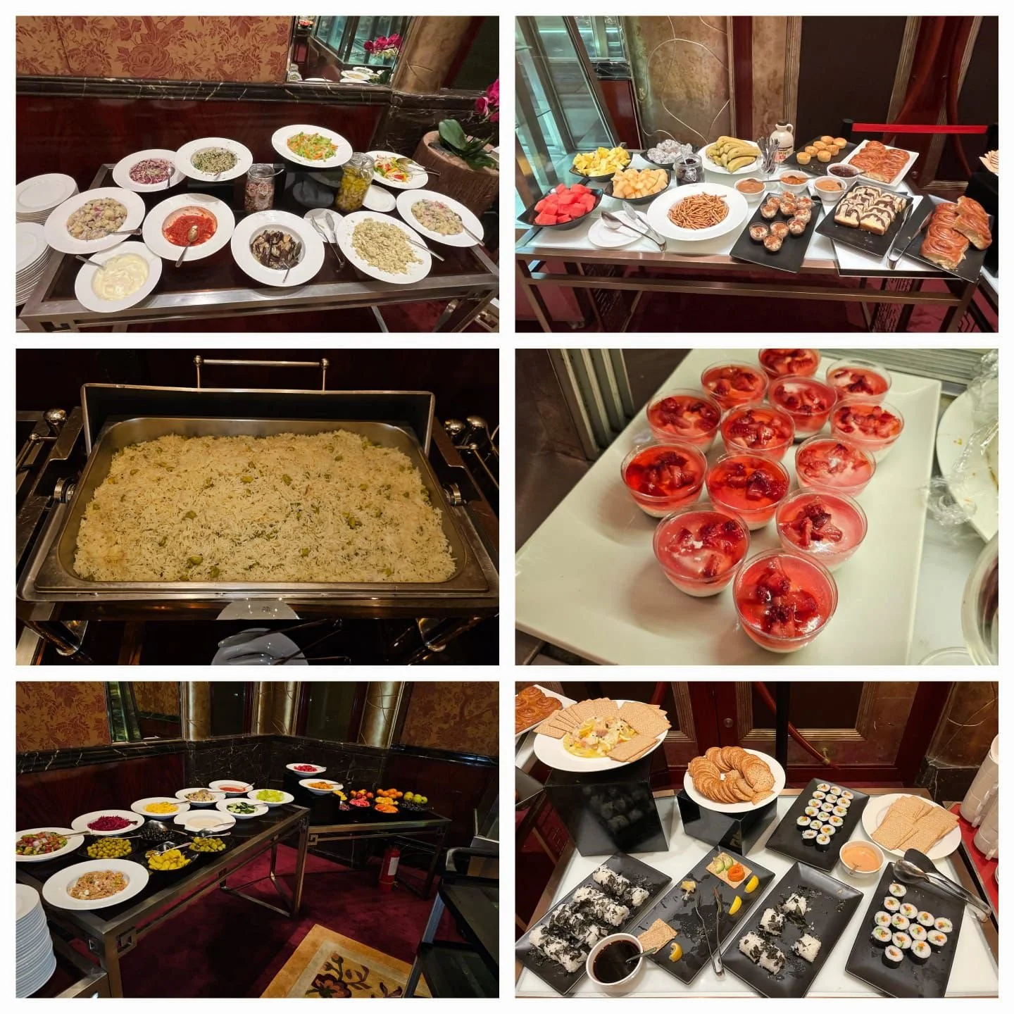 A spread of various dishes at a buffet including salads, desserts, entrees, fruits, rice, and baked goods.