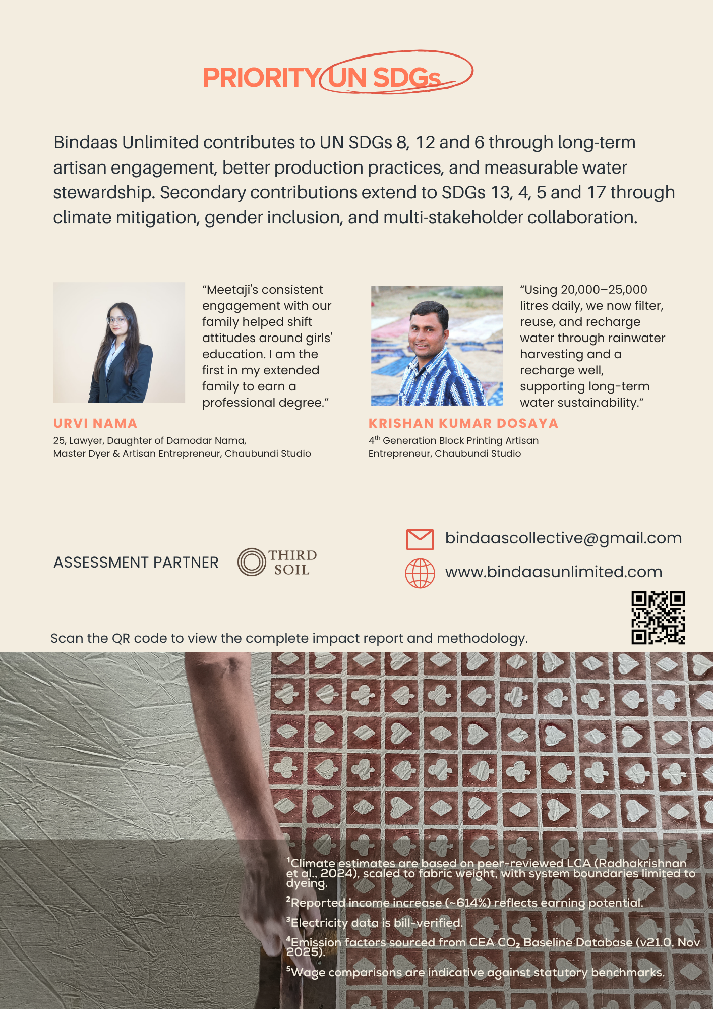 Infographic promoting Bindaas Unlimited's contributions to UN SDGs with photos of Urvi Nama and Krishan Kumar Dosaya, assessment partner logo, contact information, and a QR code, with a patterned carpet and part of a person's arm visible at the bottom.