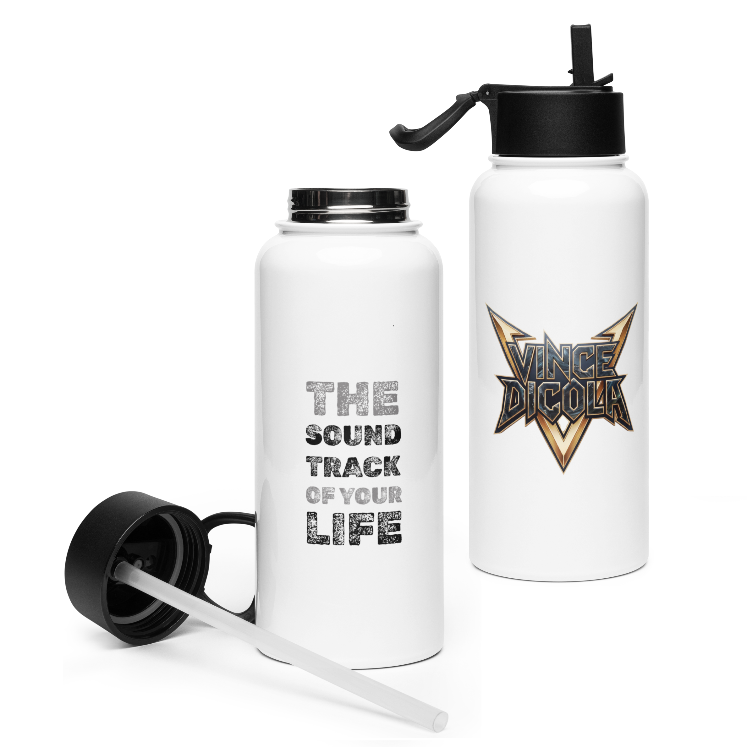 Official Vince DiCola water bottle The Soundtrack Of Your Life — front with Black Gold Obsidian logo and back with slogan, white 32 oz stainless steel bottle