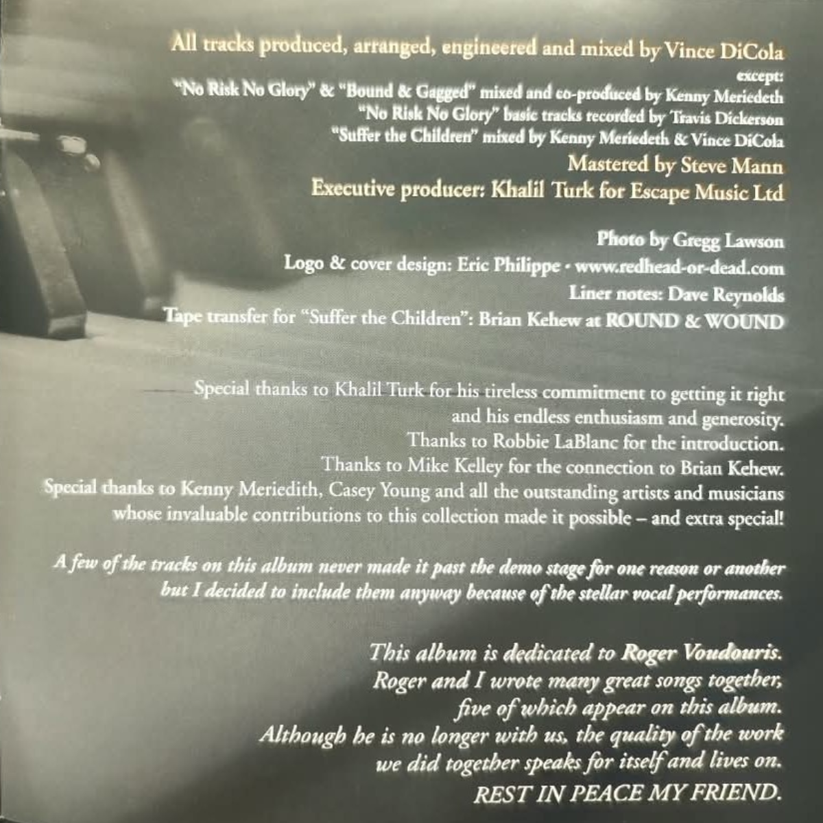 Booklet page of "Only Time Will Tell" with production credits and Vince DiCola's dedication of the album to the late Roger Voudouris
