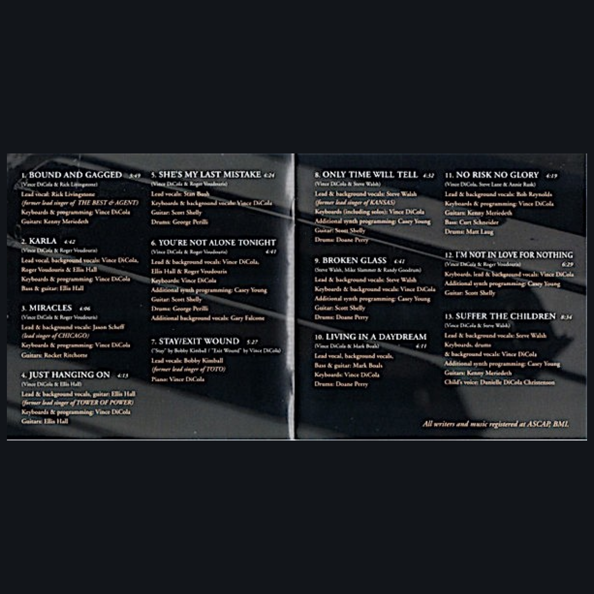 Open booklet of "Only Time Will Tell" showing the track-by-track musician credits for all 13 songs