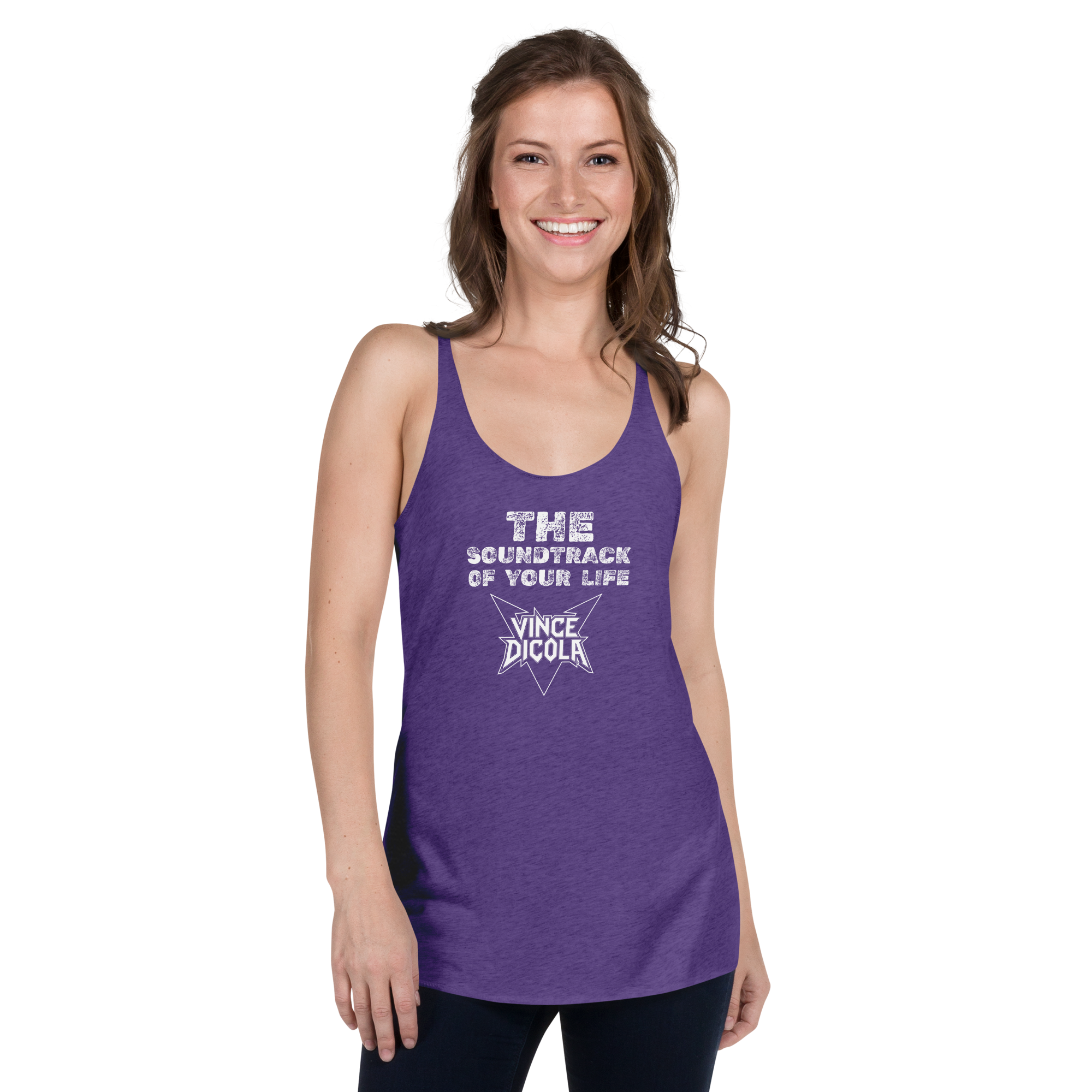 Official Vince DiCola women's racerback tank \"The Soundtrack Of Your Life\" — front view with distressed white slogan and Vince DiCola outline logo, dark colors, premium DTG print