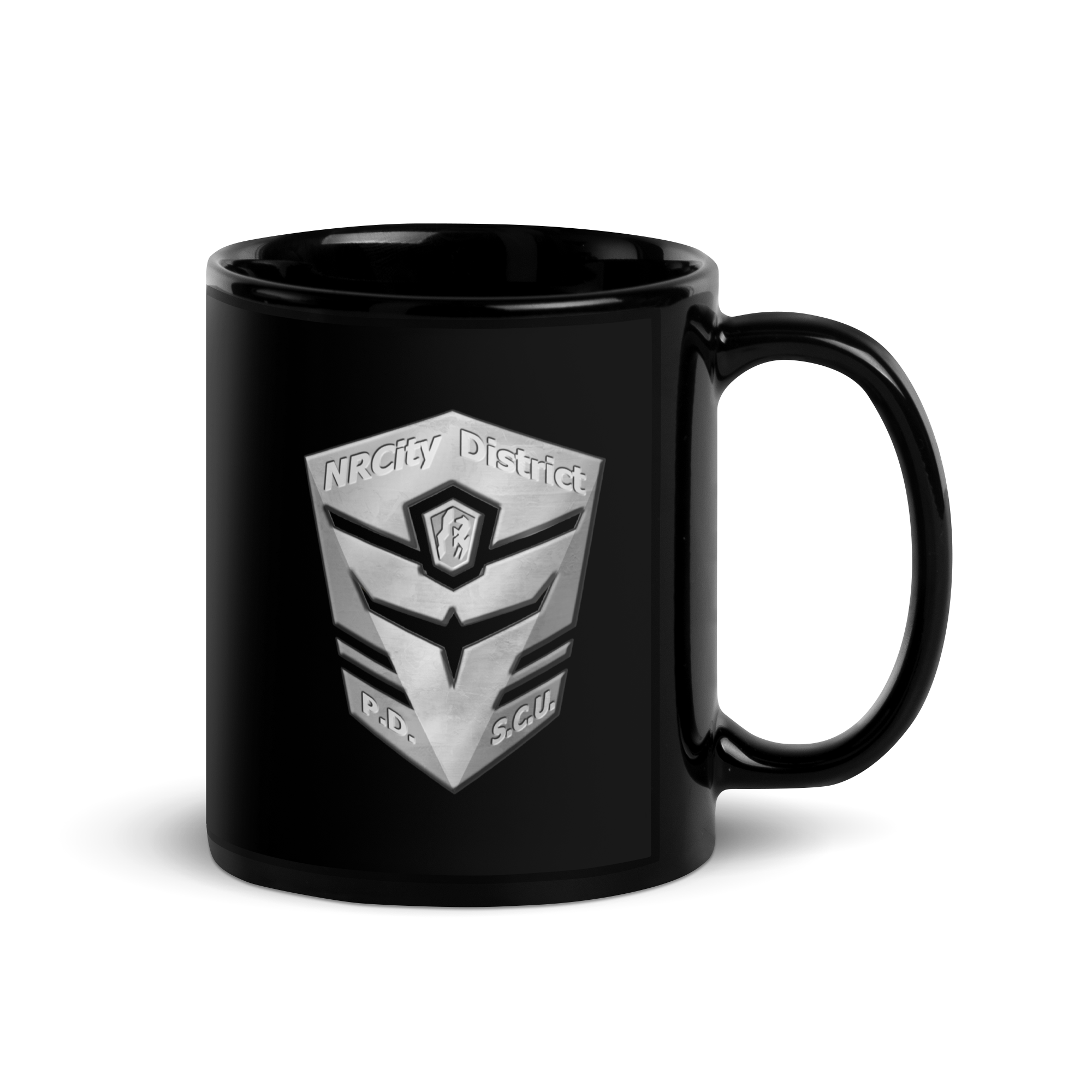 Official NRCity(R) PD Black Coffee Mug -  Approved by Munolf Ri-Kus | NRCPD Silver Badge print on the sides | Side View