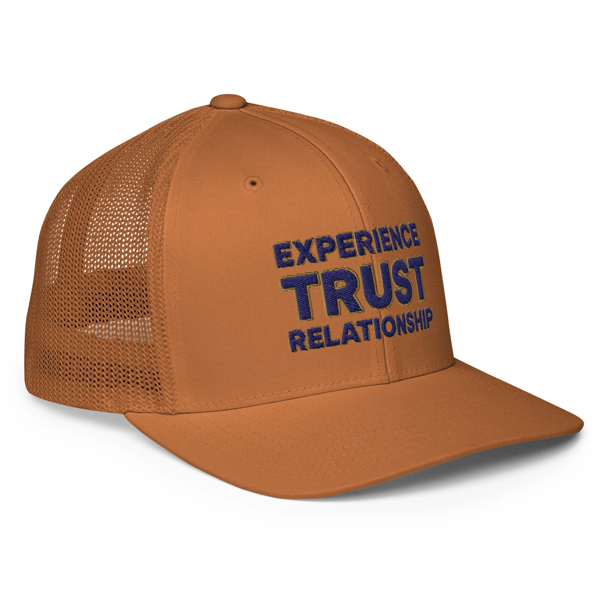 Jörgen Warberg Closed-back trucker cap in caramel with 3D slogan embroidery | side view