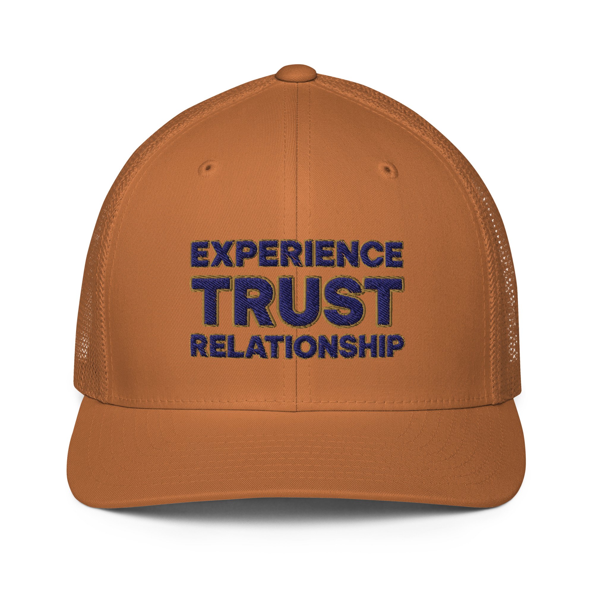 Jörgen Warberg Closed-back trucker cap in caramel with 3D slogan embroidery | front view