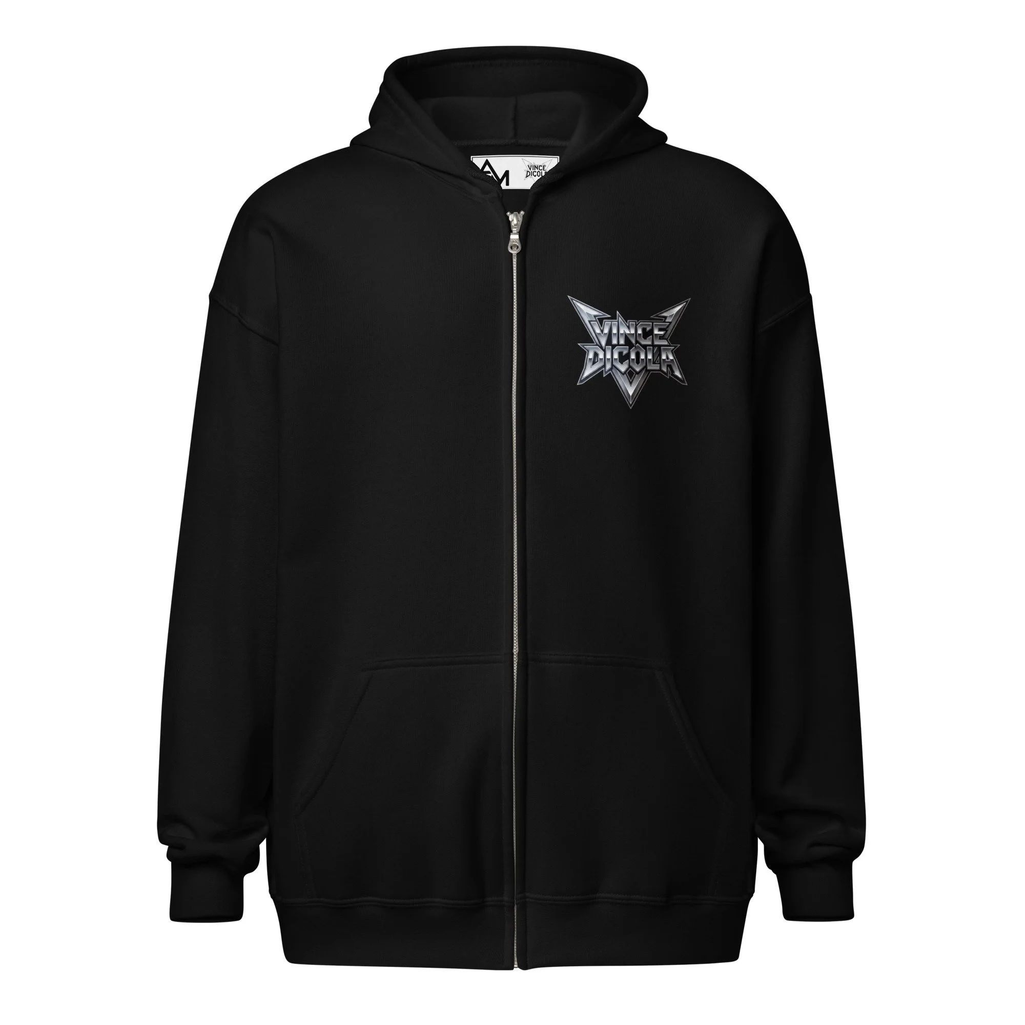 Vince DiCola zip hoodie in black — "The Soundtrack Of Your Life" back print with signature logo, official merchandise