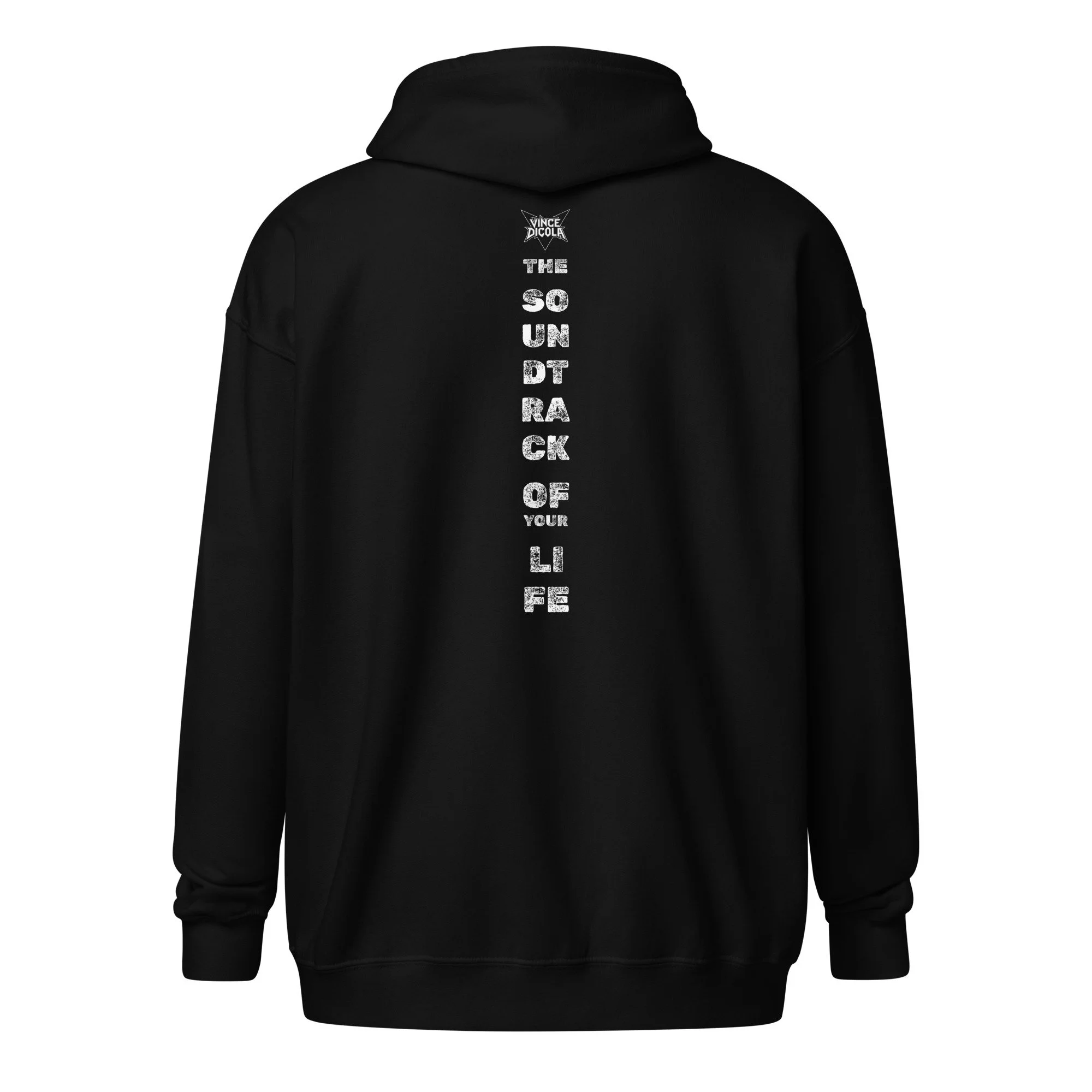 Vince DiCola zip hoodie in black — gold/silver chest logo, vertical "The Soundtrack Of Your Life" back print, official merchandise